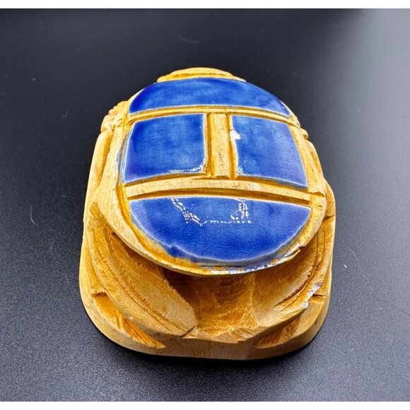 Egyptian Blue Sand Scarab Beetle Statue Heiroglyphics on bottom REPAIRED READ - Picture 10 of 16
